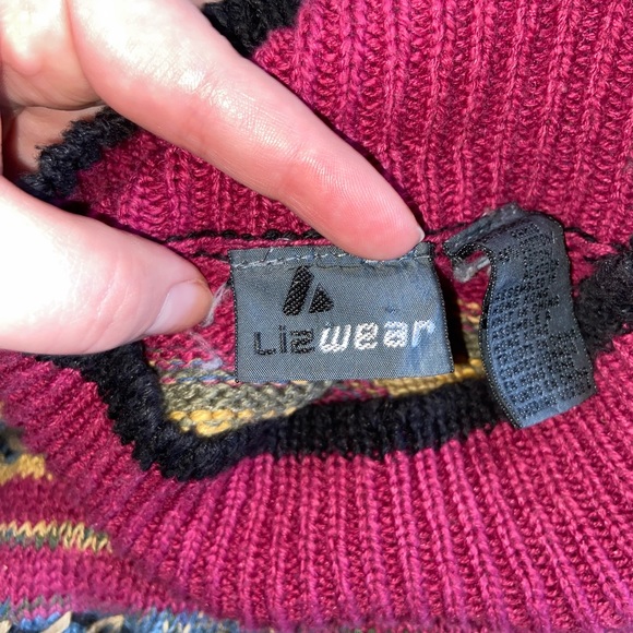 Vintage 90s Lizwear Western Aztec Boho Knitted Sweater Fuchsia Black Size Small - Picture 8 of 11